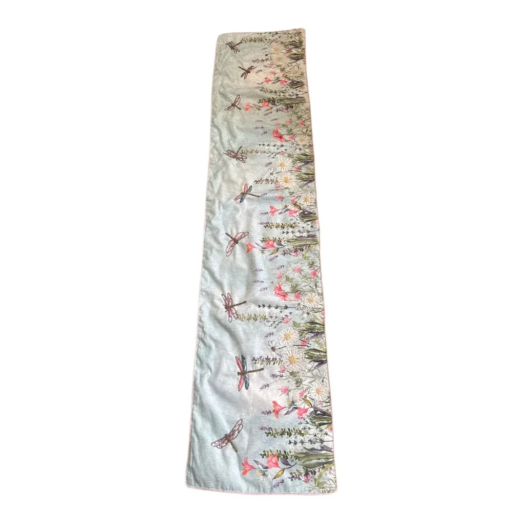Floral Dragonfly Beaded Embroidered Table Runner Light Blue 14x72 Pink Piping